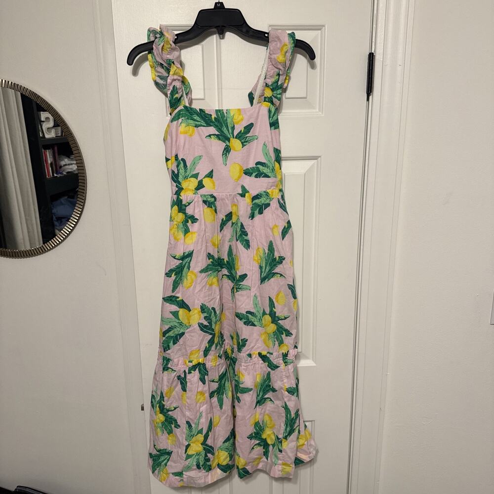J Crew Square Neck Smocked Midi Dress 00 Pink Lemon Print Ruffle Sleeve Tiered